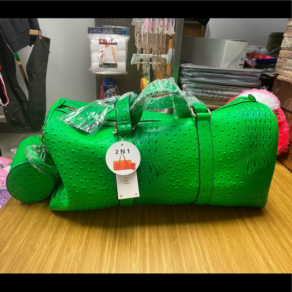 Le Miel Ostrich XL Neon Green weekender duffel bag. new w tags!